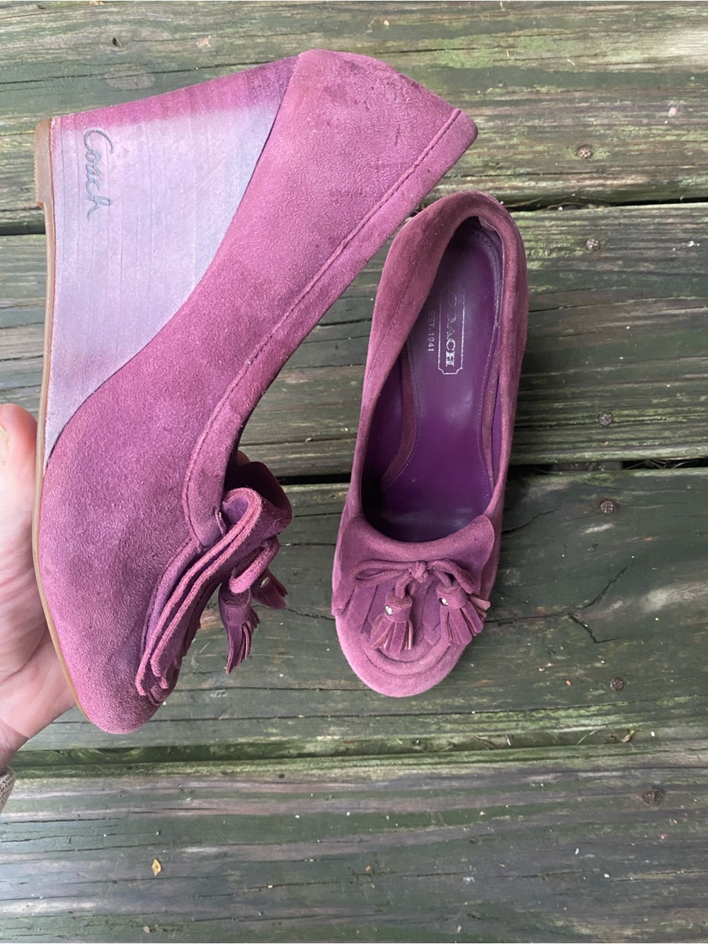 COACH- Plum Suede Wedge Moccasins with Tassel Detail